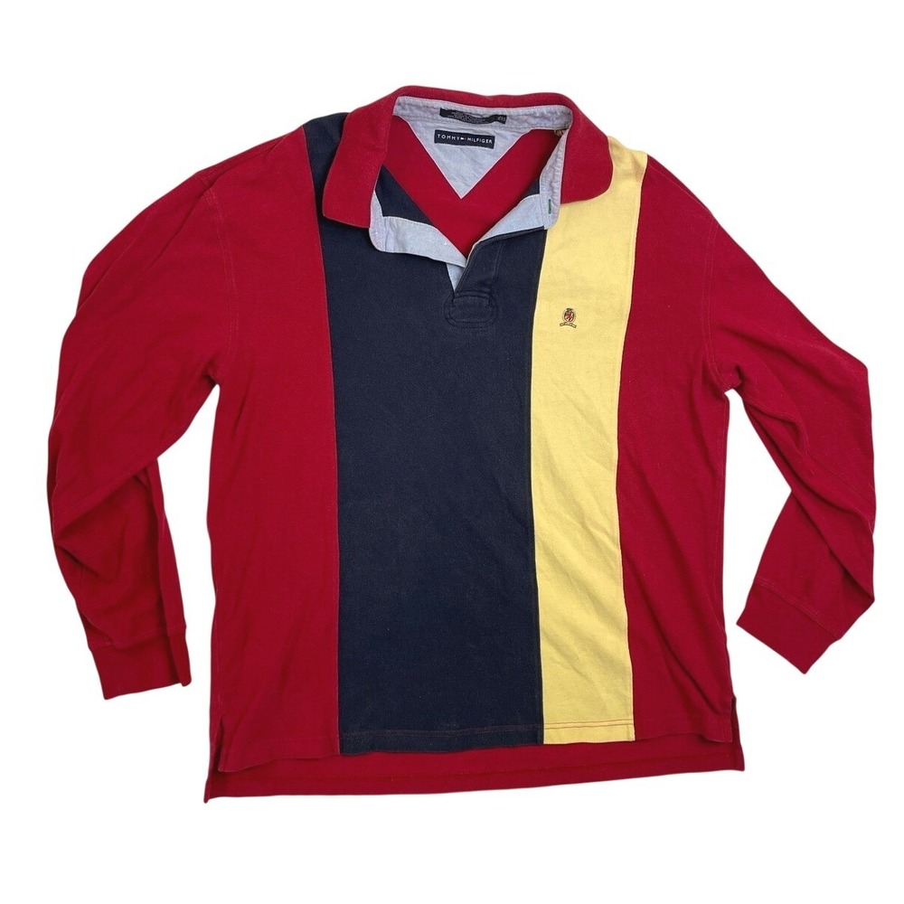 90s Tommy Hilfiger Mens XXL Rugby Shirt Long Sleeve Color Block Red Navy Yellow